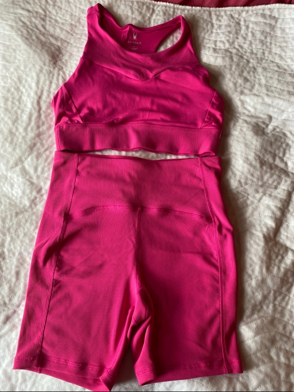 Spyder Hot Pink Women's Athletic Crop Top and High-Waist Bike Shorts Set
